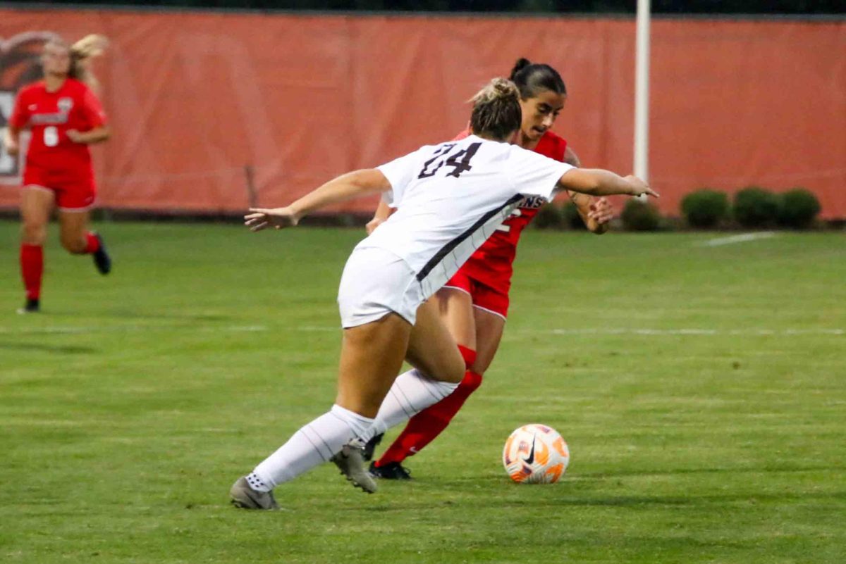 Cochrane Stadium in Bowling Green, OH – Falcons Freshmen Defense Haley Wolf (24) attacking the ball away from Detroit Mercy at the Cochrane Stadium in Bowling Green, OH