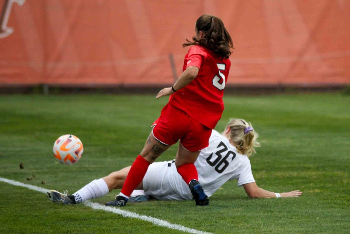 Cochrane Stadium in Bowling Green, OH – Falcons Sophomore Forward Emma Stransky(36) sliding and blocking the ball from Detroit Mercy at the Cochrane Stadium in Bowling Green, OH