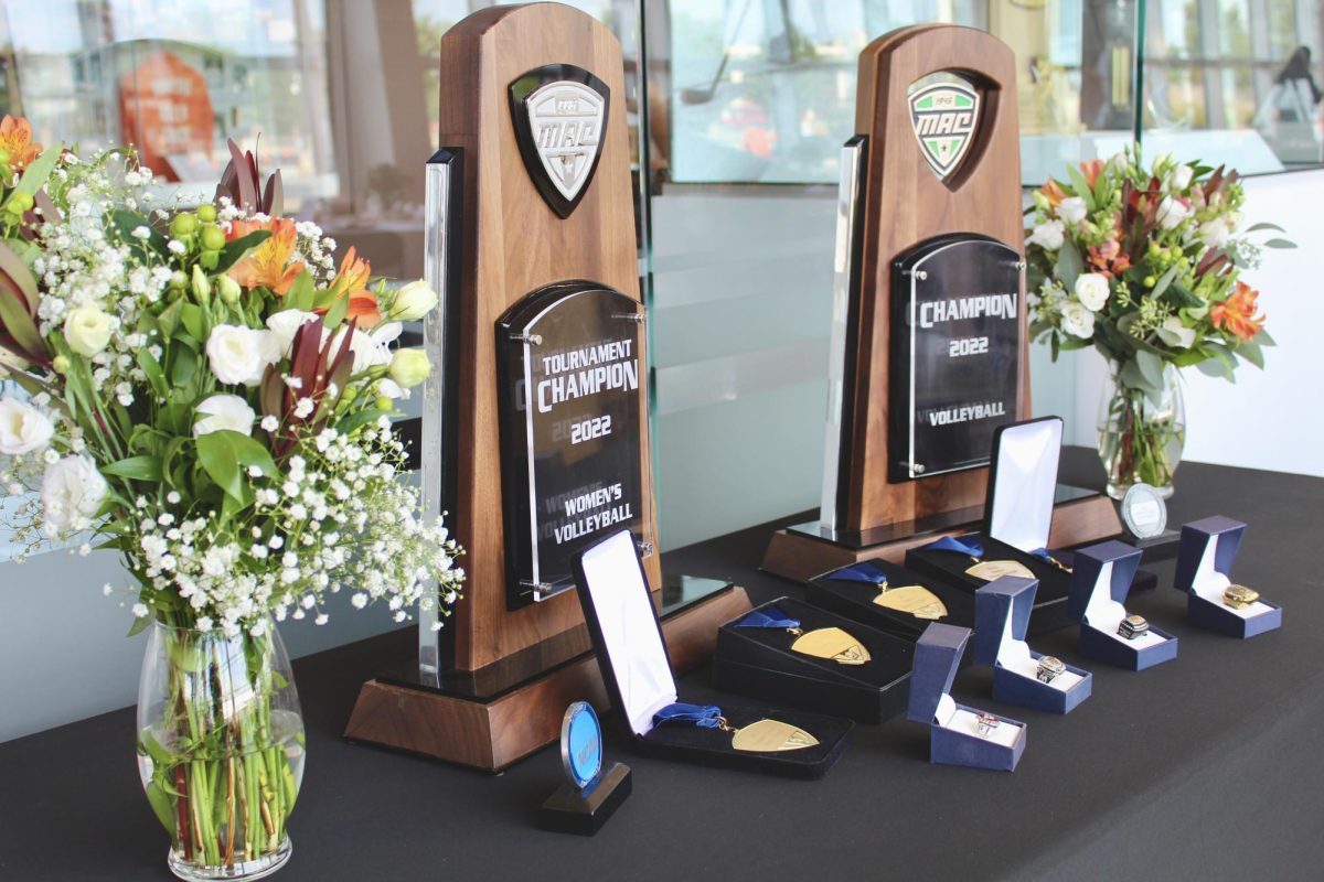 MAC champion rings, medals and plaques awarded to the BGSU volleyball teams