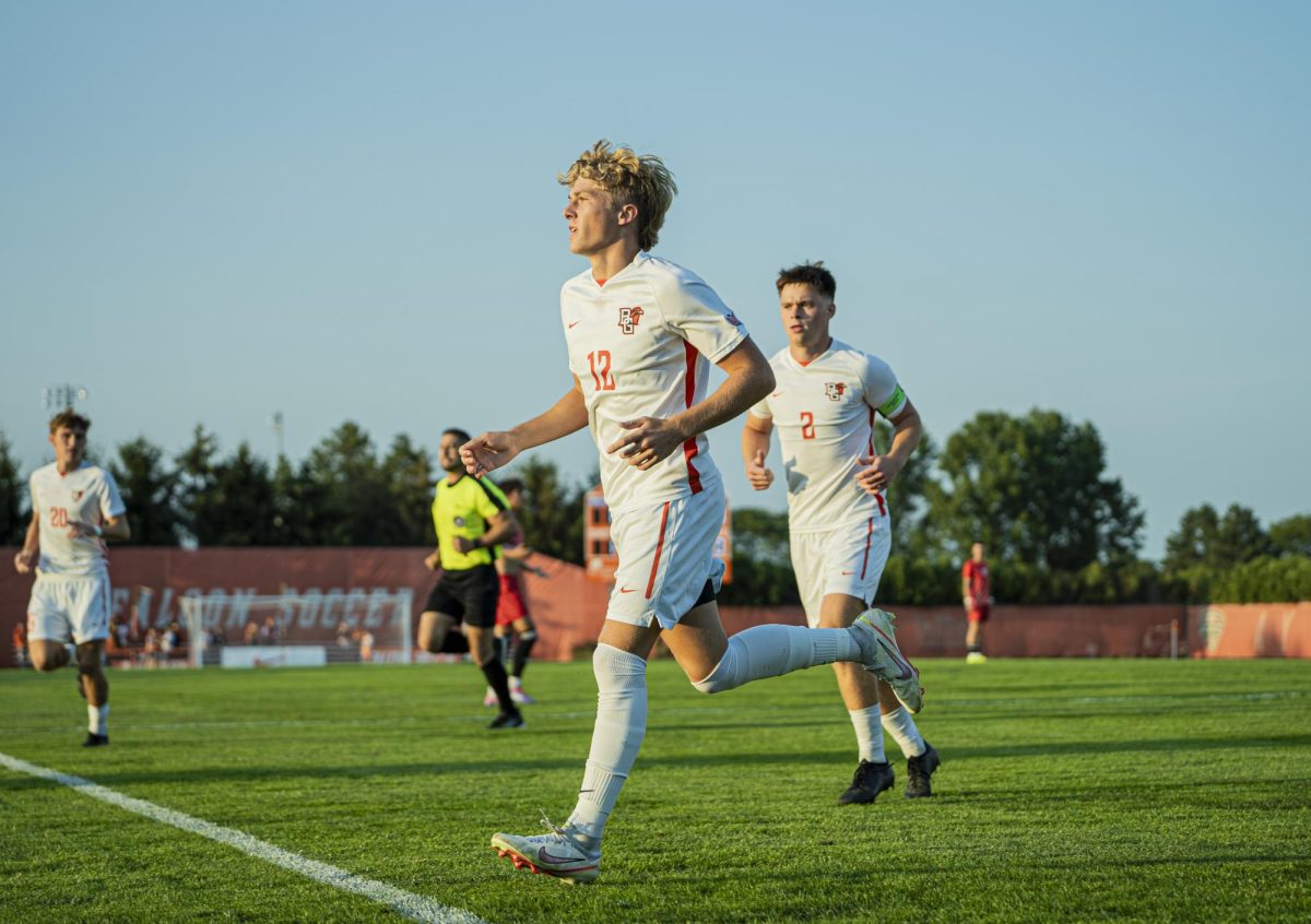 Bowling Green OH - Falcons sophomore forward Bennett Painter (12) celebrating after scoring the first goal of the game at Cochrane Stadium in Bowling Green, Ohio.