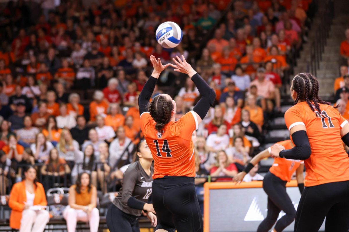 Bowling Green, OH - Falcon Opposite Junior Lauryn Hovey (14) sets the ball in a contest against the Buckeyes at Stroh Center in Bowling Green, Ohio