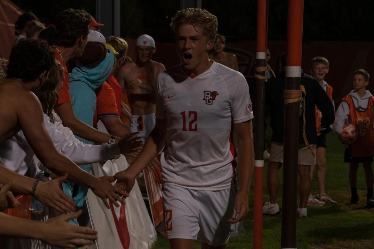 Bowling Green, OH - Falcons sophomore forward Bennett Painter (12) celebrating after Falcons second goal at Cochrane Stadium in Bowling Green, Ohio.