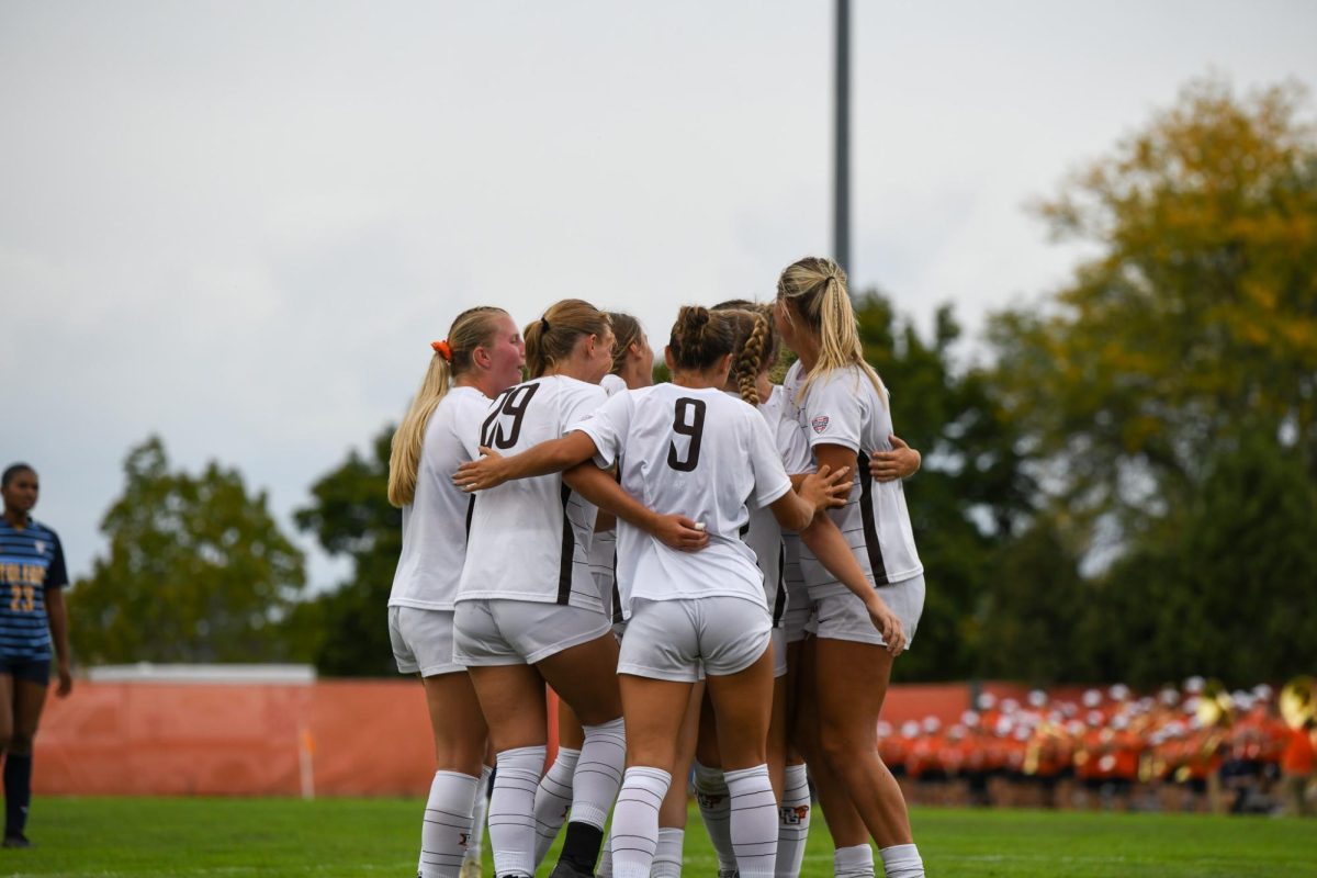 Bowling Green, OH - Falcons celebrating after scoring their second goal to take the lead late in the game at Cochrane Stadium in Bowling Green, Ohio