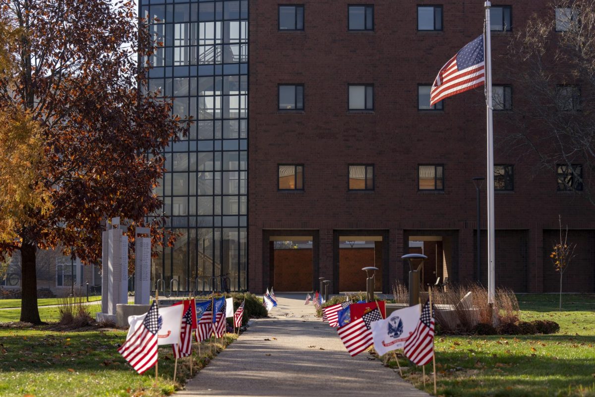 The Veteran Memorial at BGSU lined with flags