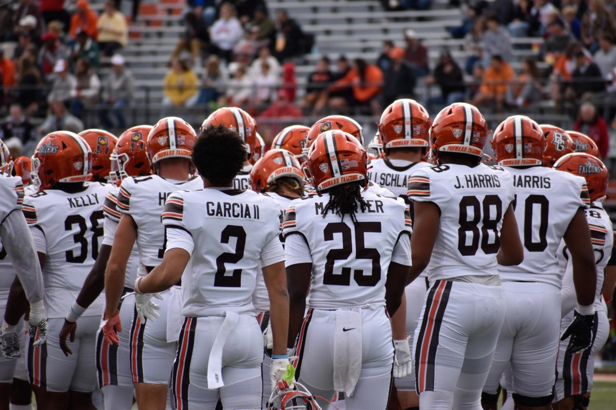 Bowling Green, OH - Falcons pregame huddle right before kickoff at Doyt L. Perry Stadium in Bowling Green, Ohio.