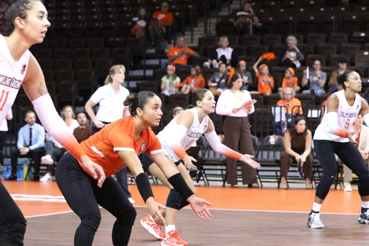 Bowling Green, OH - Falcons braces for the serve by Western Michigan at the Stroh Center in Bowling Green, Ohio.