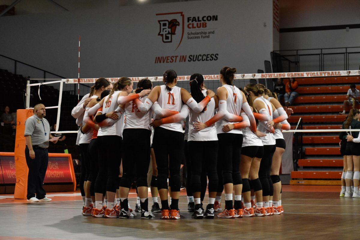 Bowling Green, OH - Falcons in their huddle during a timeout at Stroh Center in Bowling Green, Ohio.