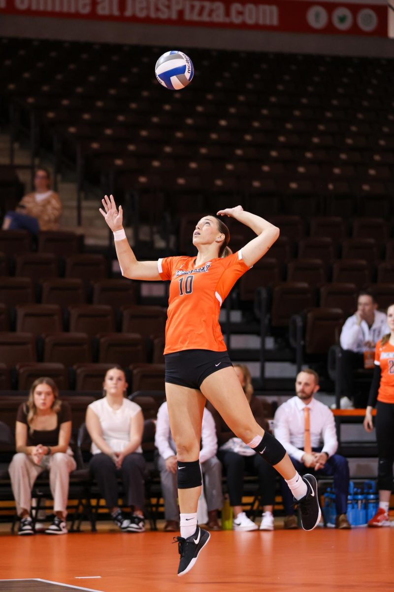 Bowling Green, OH - Sophomore outside hitter Marija Tabak (10) serves the ball to the Broncos of Western Michigan in the Stroh Center in Bowling Green, Ohio.