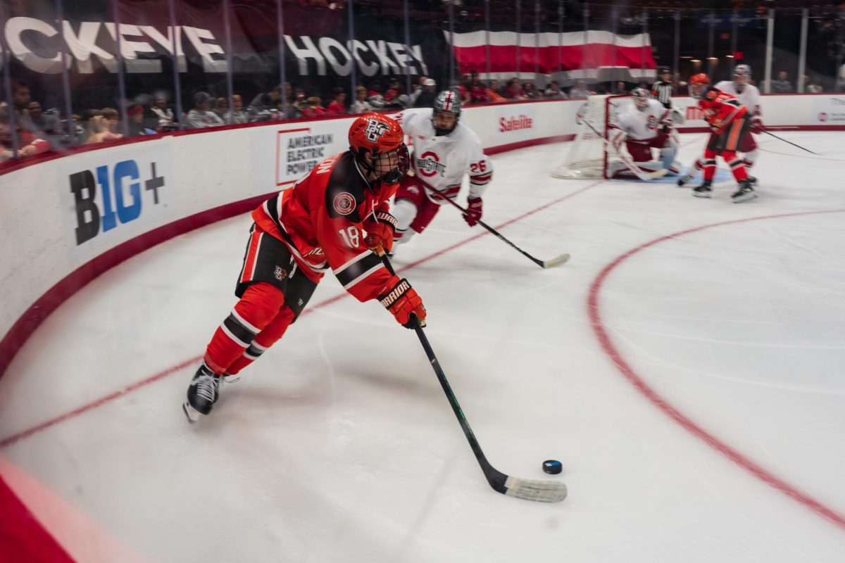 Columbus, OH - Falcons Junior forward Quinn Emerson (18) takes the puck from behind the goal at The Schottenstein Center in Columbus, Ohio.