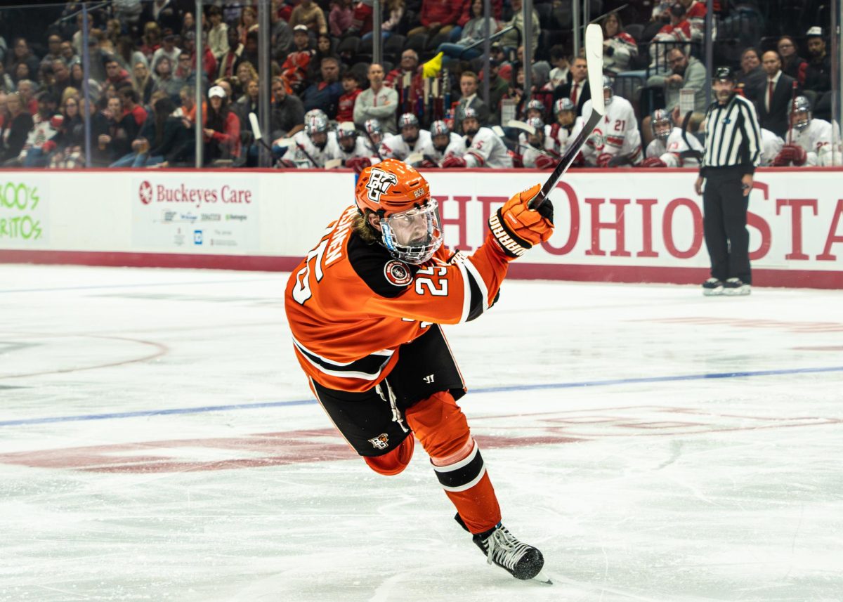 Columbus, OH – Falcons graduate student defender Tommy Pasanen (25) takes a shot on goal at The Schottenstein Center in Columbus, Ohio.