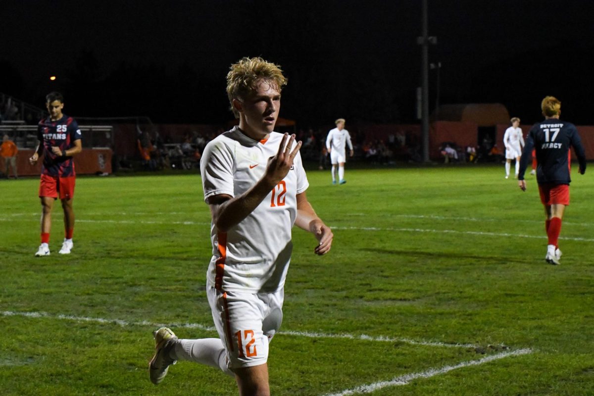 Bowling Green, OH - Falcons sophomore forward Bennett Painter (12) celebrating his hat-trick in the first half at Cochrane Stadium in Bowling Green, Ohio.