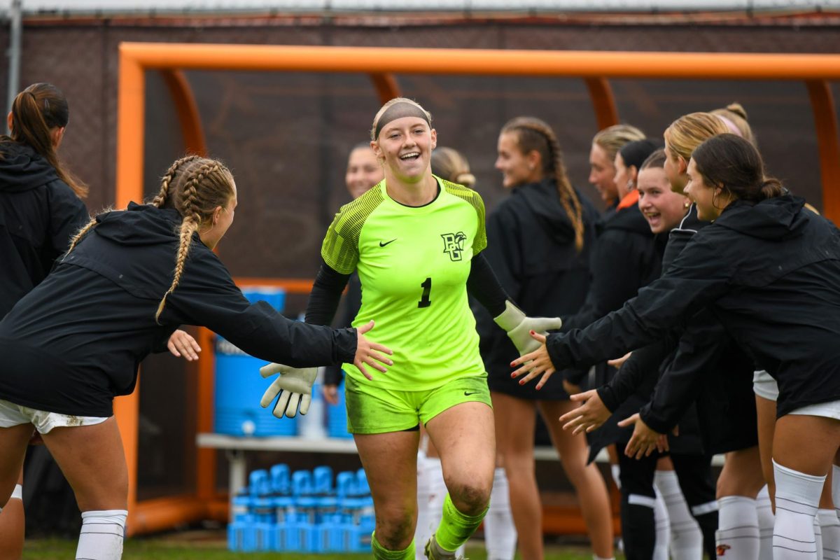 Bowling Green, OH - Falcons freshman goalkeeper Payton O'Malley (1) running out for player introductions at Cochrane Stadium in Bowling Green, Ohio.