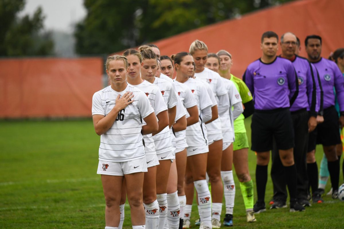 Bowling Green, OH - Falcons lineup during pregame at Cochrane Stadium in Bowling Green, Ohio.