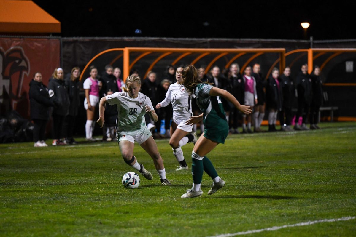 Bowling Green, OH - Falcons sophomore forward Emma Stransky (36) cutting around the Eagles defense at Cochrane Stadium in Bowling Green, Ohio.