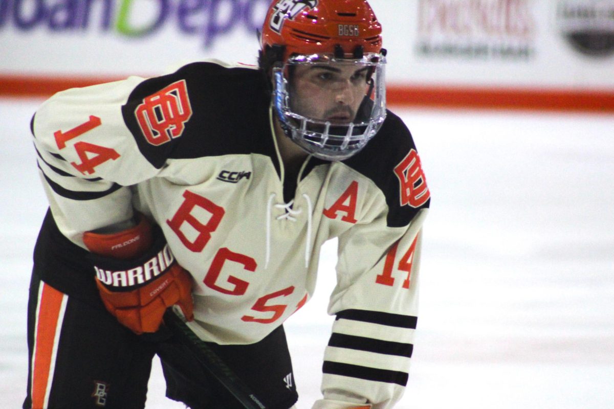 Bowling Green, OH - Falcons junior defense Dalton Norris (14) getting ready for a face-off at Slater Family Ice Arena in Bowling Green, Ohio.