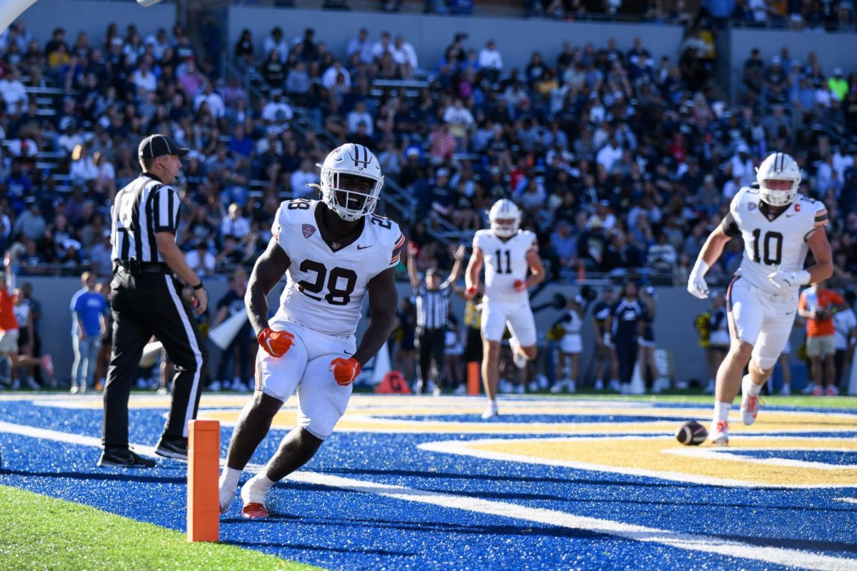 Akron, OH - Falcons senior running back Jaison Peterson (28) celebrating his touchdown at InfoCision Stadium in Akron, Ohio.