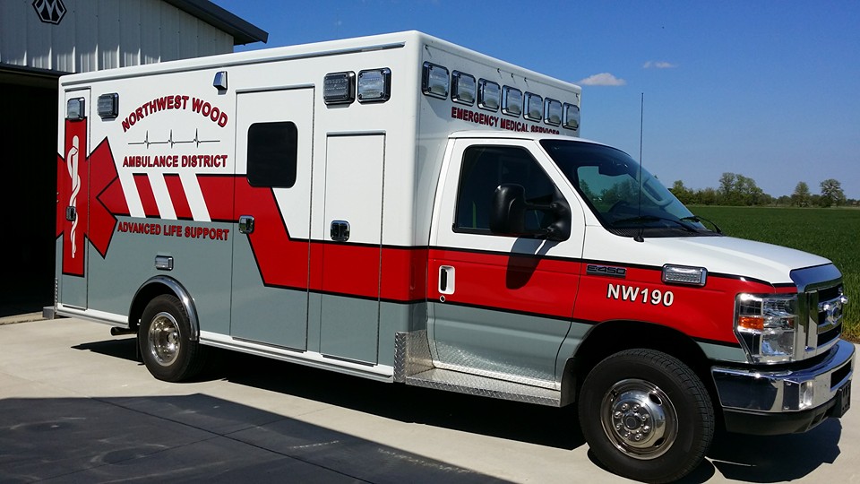 A local ambulance similar to the ones that respond to campus emergencies like injuries on the band field via the NW Wood Ambulance District Facebook account