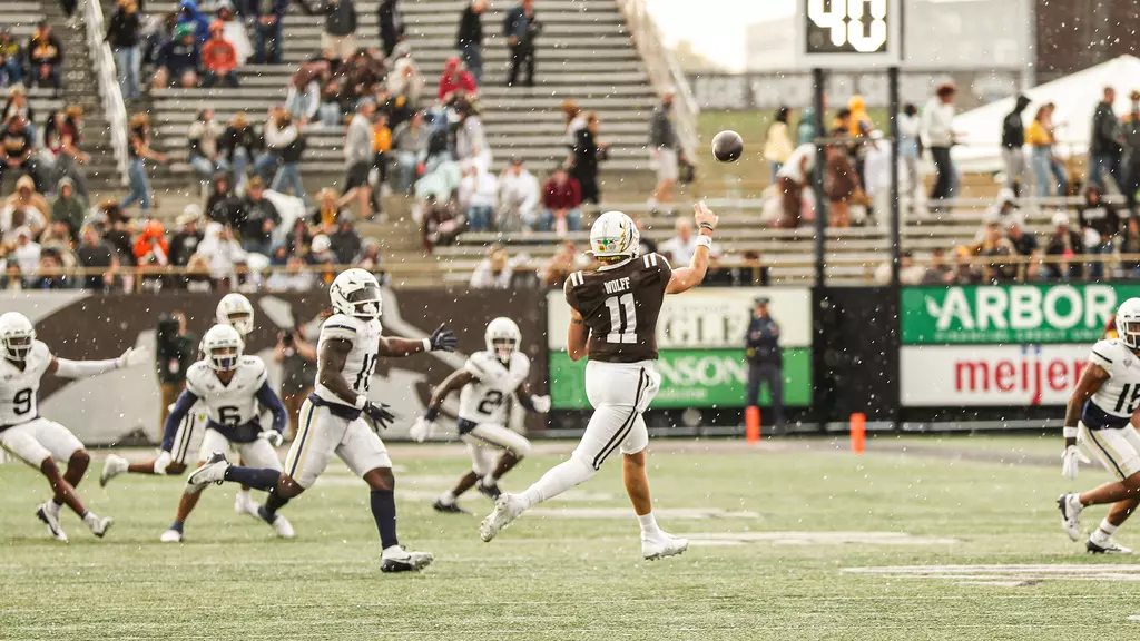 Western Michigan Quarterback Hayden Wolff looks to complete a pass downfield. 