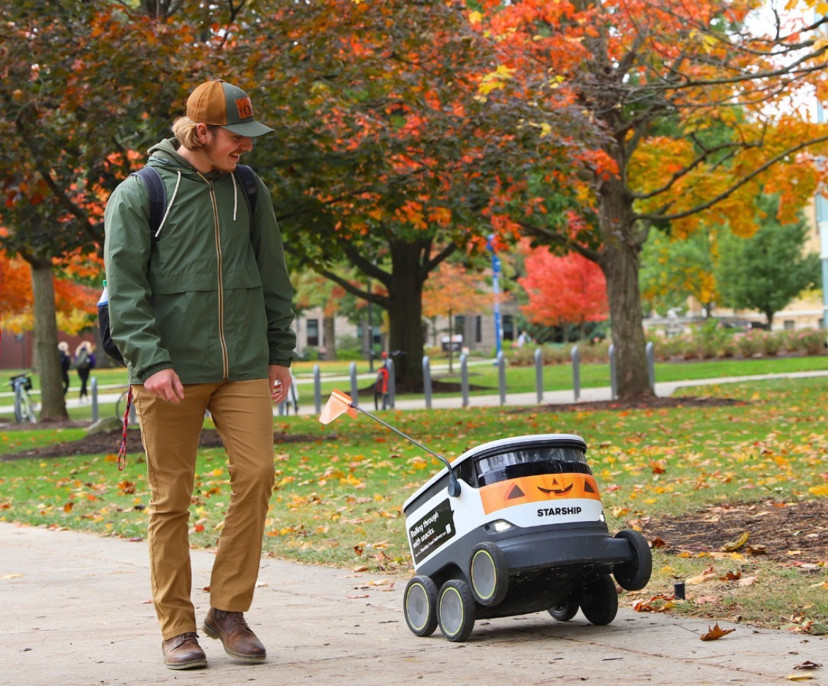 A PumpkinBot rolling across BGSU's campus via the BGSU Dining Instagram 