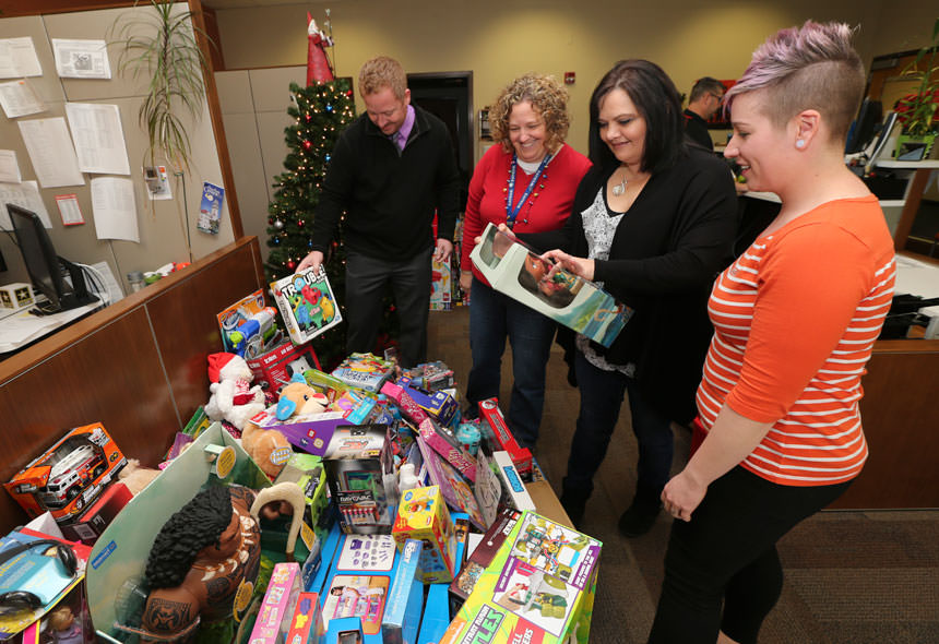 Toys from "Toys for Tickets" being gathered to bring to Child Protective Services via the BGSU website