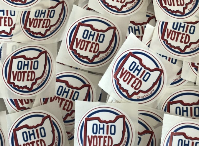 A pile of "Ohio Voted" stickers handed out to voters in Ohio via the Cuyahoga Election Audits