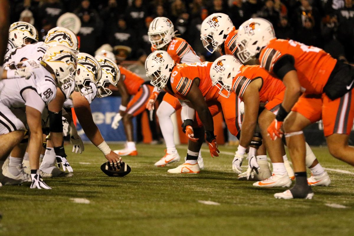 Bowling Green, OH - Falcons defense prepares to go against the Broncos offense on fourth and one at Doyt L. Perry Stadium in Bowling Green, Ohio.