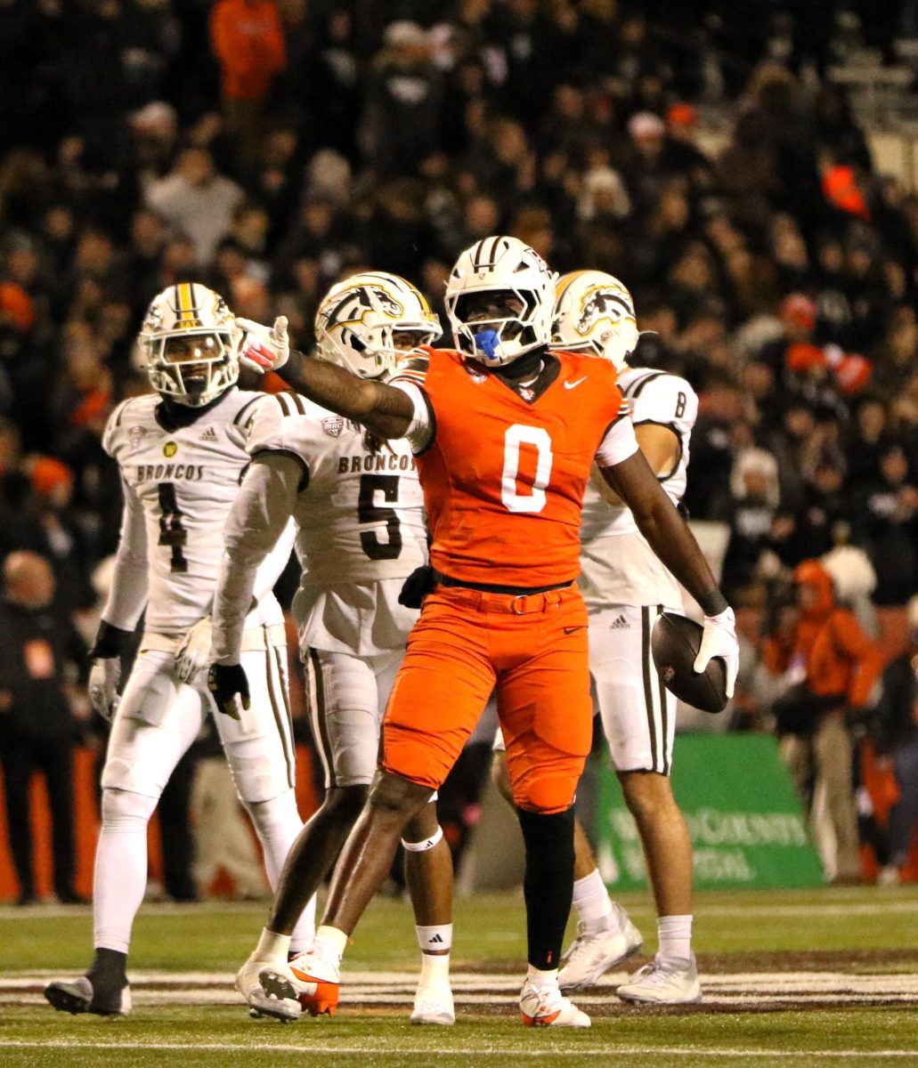 Bowling Green, OH - Falcons junior tight end Harold Fannin Jr. (0) celebrates after gaining a massive first down against the Broncos at Doyt L. Perry Stadium in Bowling Green, Ohio.