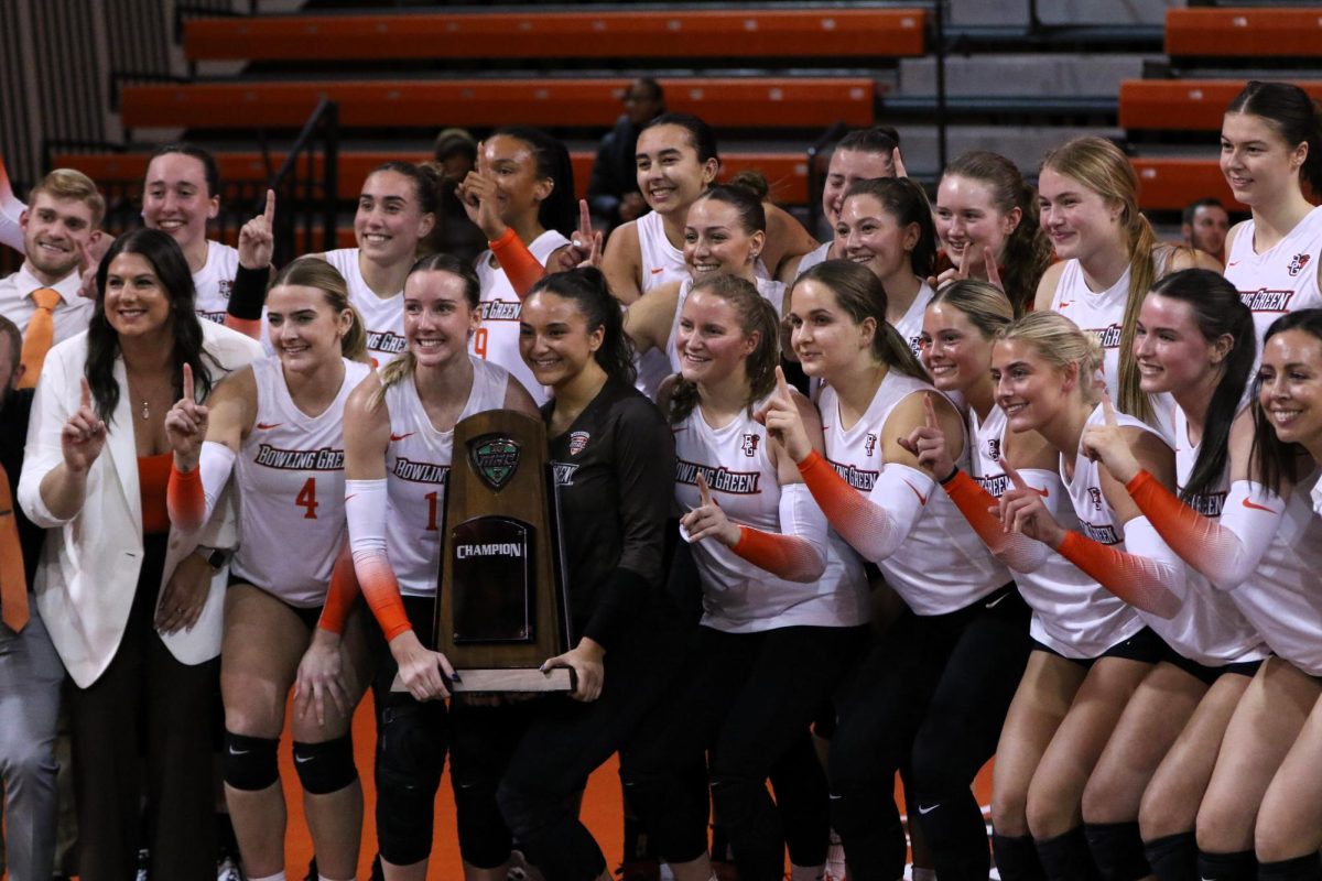 Bowling Green, OH - Falcons pose with 2024 Mid-American Conference (MAC) regular-season title at the Stroh Center in Bowling Green, Ohio.