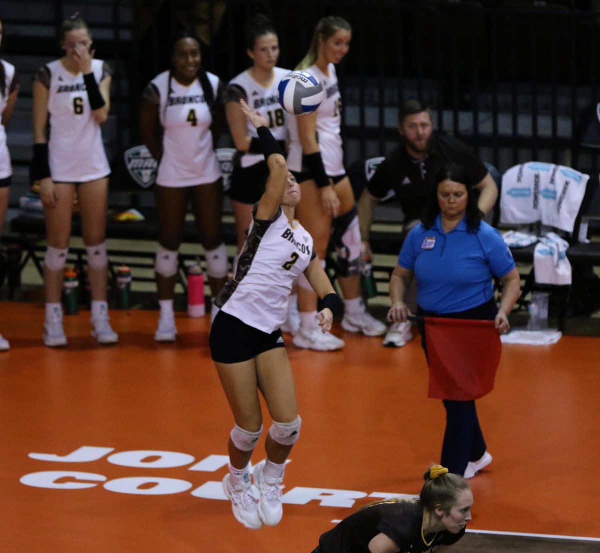 Bowling Green, Ohio- Broncos freshman outside hitter Elana Erickson (2) goes up for a serve against the Buffalo Bulls at the Stroh Center in Bowling Green, Ohio.