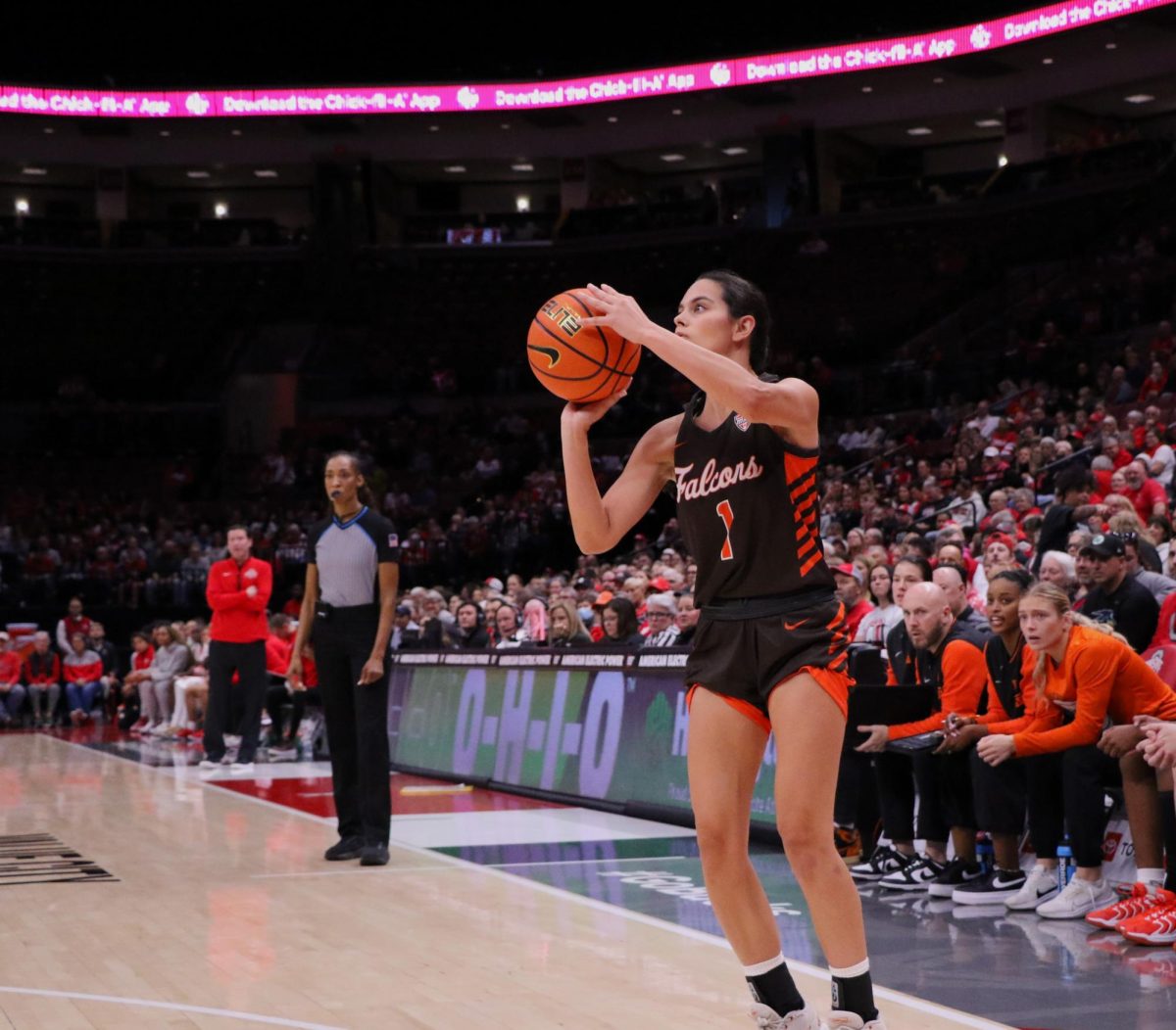 Columbus, OH - Falcons senior guard Amy Velasco (1) shoots from the corner after getting wide open at Schottenstein Center in Columbus, Ohio.