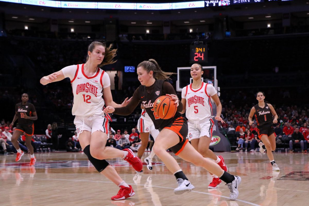 Columbus, OH - Falcons junior guard Emily Siesel (2) pushes her way to the basket throw her defender at Schottenstein Center in Columbus, Ohio.