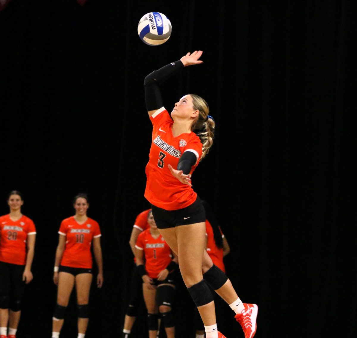 Oxford, OH - Falcons freshman defensive specialist Avery Anders (3) serves the ball to the RedHawks at Millett Hall in Oxford, Ohio.