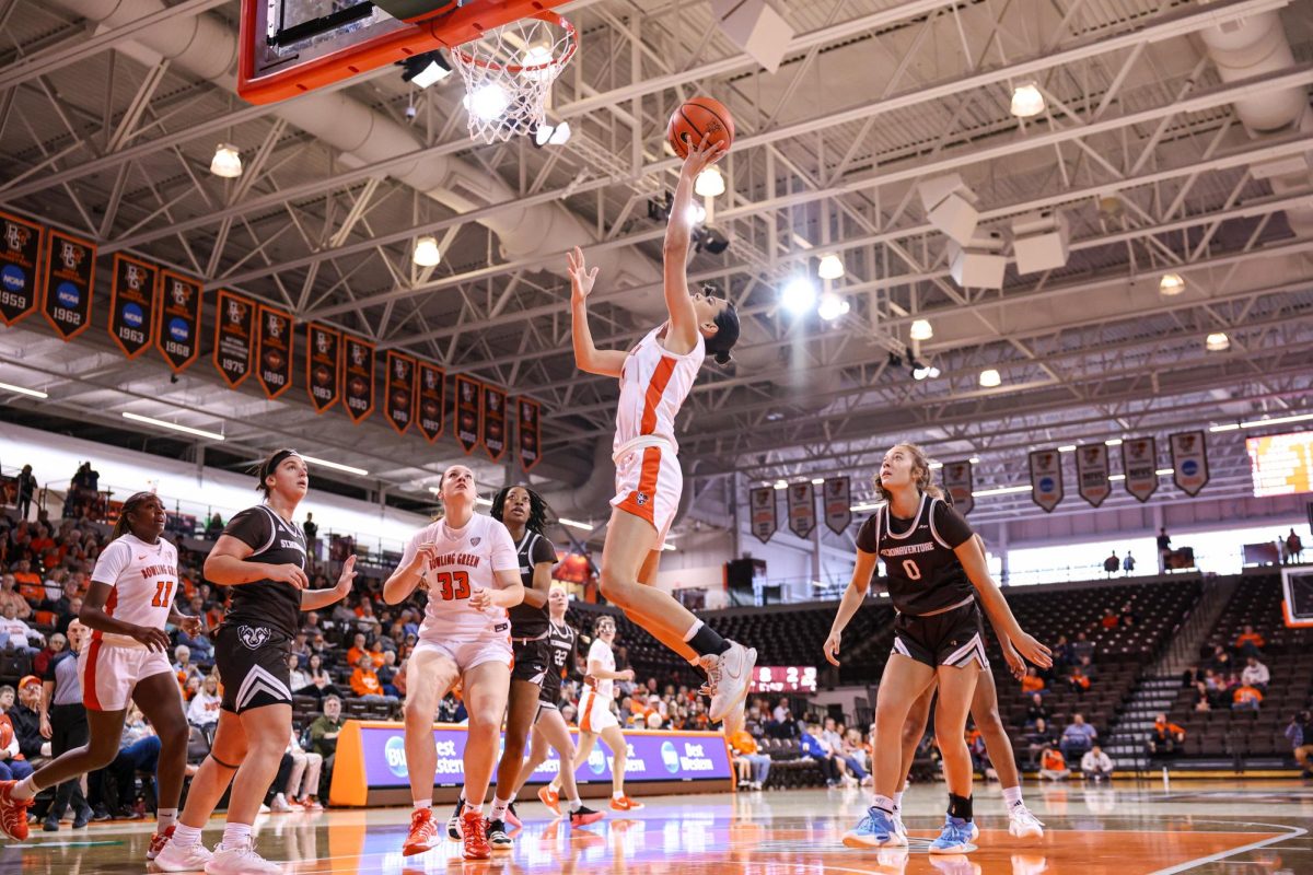 Bowling Green, OH - Falcons senior guard Amy Velasco (1) goes for the layup against the Bonnies at the Stroh Center in Bowling Green, Ohio.