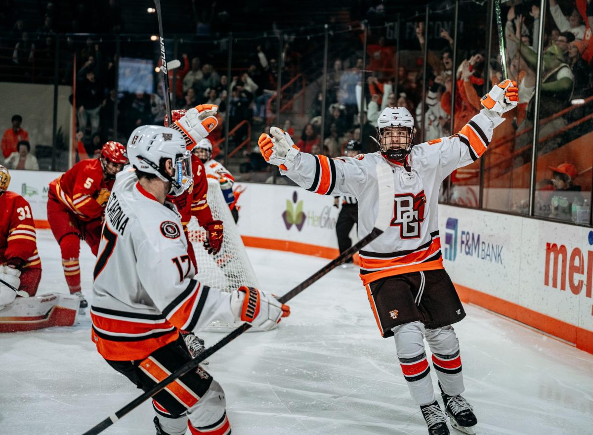 Bowling Green, OH – Falcons sophomore forward Matvei Kabanov (44) celebrates after scoring the second goal of the game at Slater Family Ice Arena in Bowling Green, Ohio.