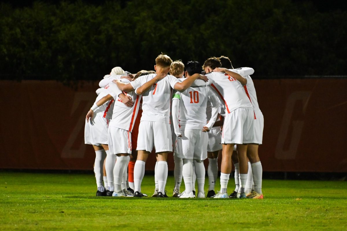 Bowling Green, OH – Falcons team huddles up at the start of the game at Cochrane Stadium in Bowling Green, Ohio.