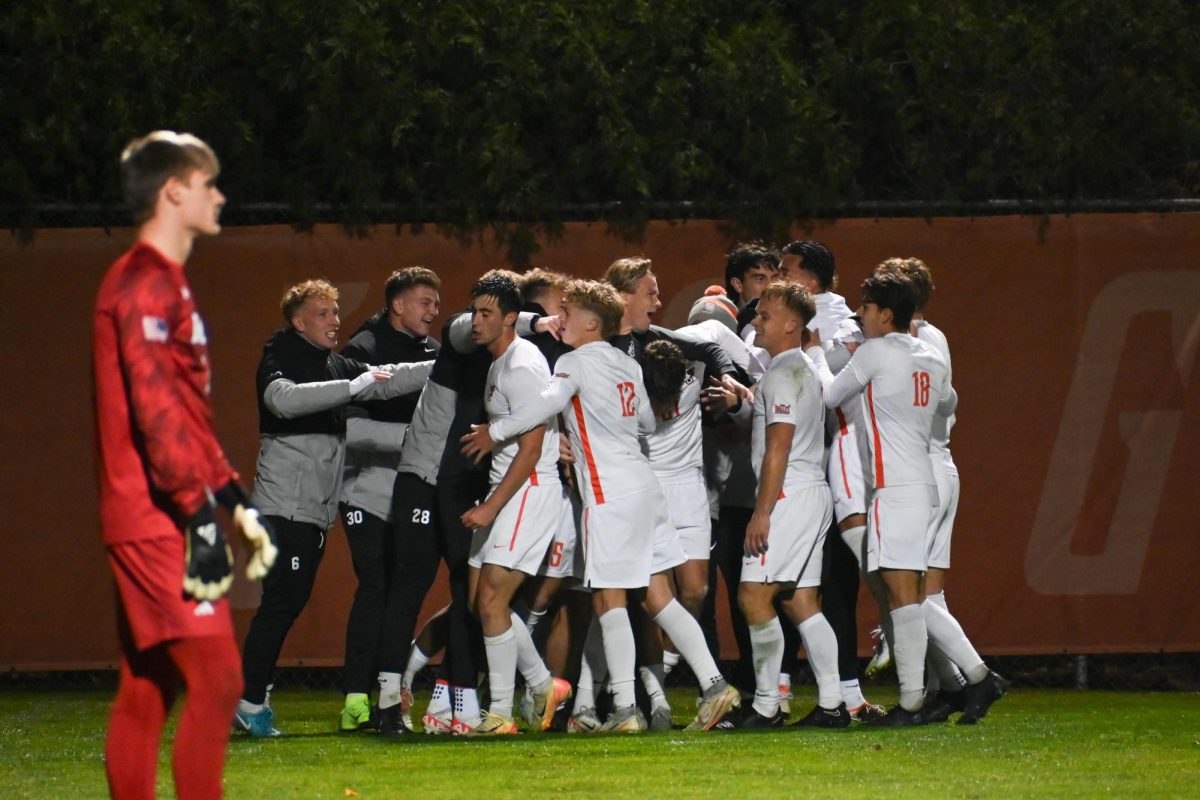 Bowling Green, OH – Falcons team celebrates after Trace Terry scores the second goal in the game at Cochrane Stadium in Bowling Green, Ohio.