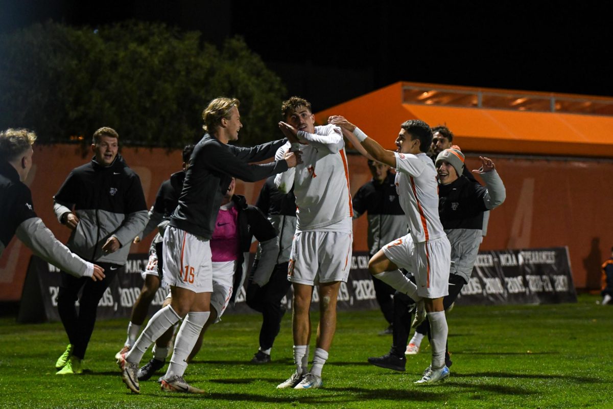 Bowling Green, OH - Falcons junior forward Trace Terry (21) celebrating after extending the lead to 2-0 at Cochrane Stadium in Bowling Green, Ohio.