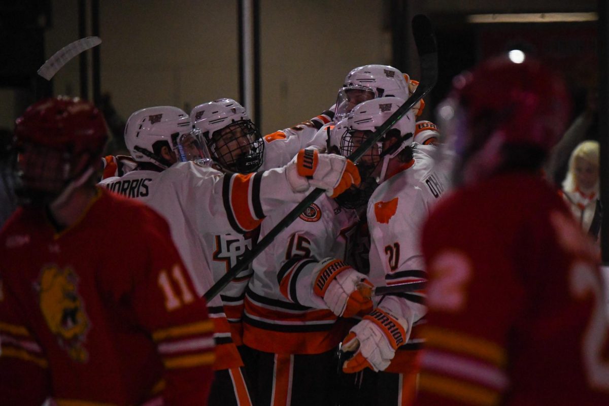 Bowling Green, OH - Falcons celebrating a hat trick by sophomore forward Brody Waters (29) at Slater Family Ice Arena in Bowling Green, Ohio.