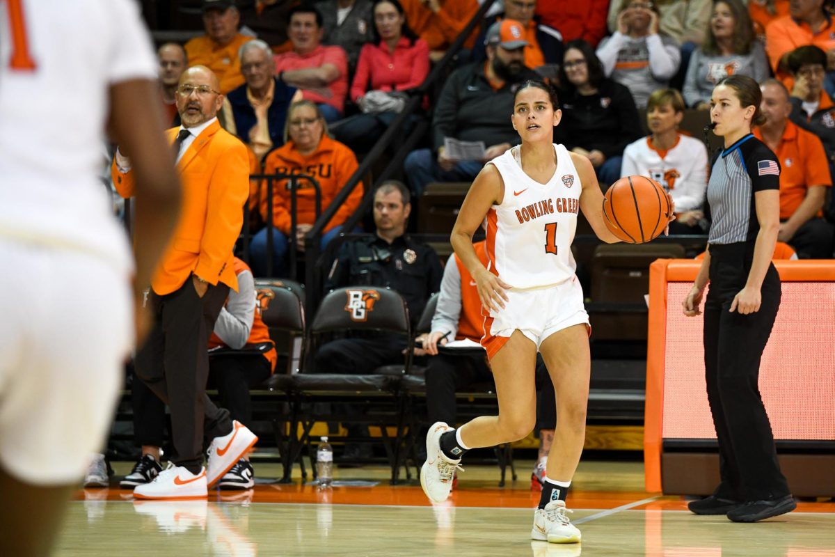 Bowling Green, OH - Falcons senior guard Amy Velasco (1) calling a play for her team at the Stroh Center in Bowling Green, Ohio.