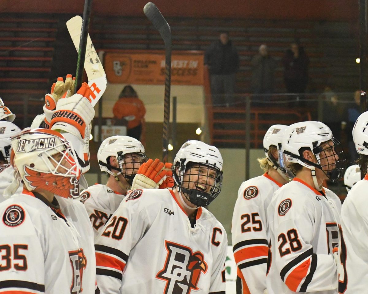 Bowling Green, OH – Falcons sophomore forward Ryan O'Hara (20) celebrating their win at Slater Family Ice Arena in Bowling Green, Ohio.