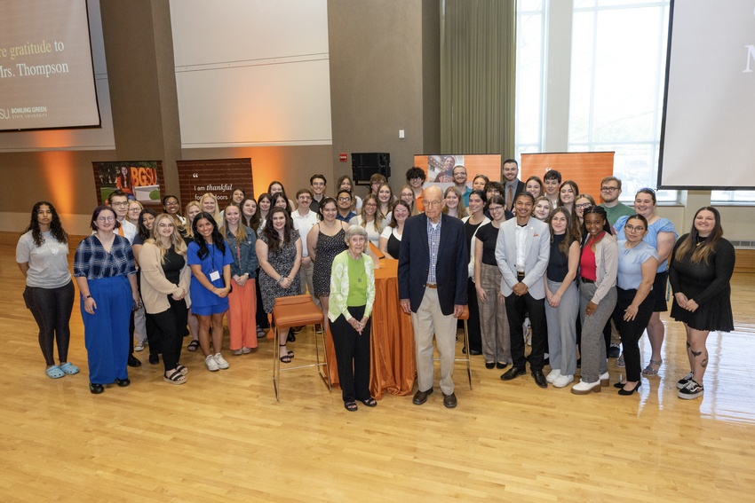 Thompson Scholarship Program recipients attend a scholarship event with Bob and Ellen Thompson, the founders of the scholarship via BGSU