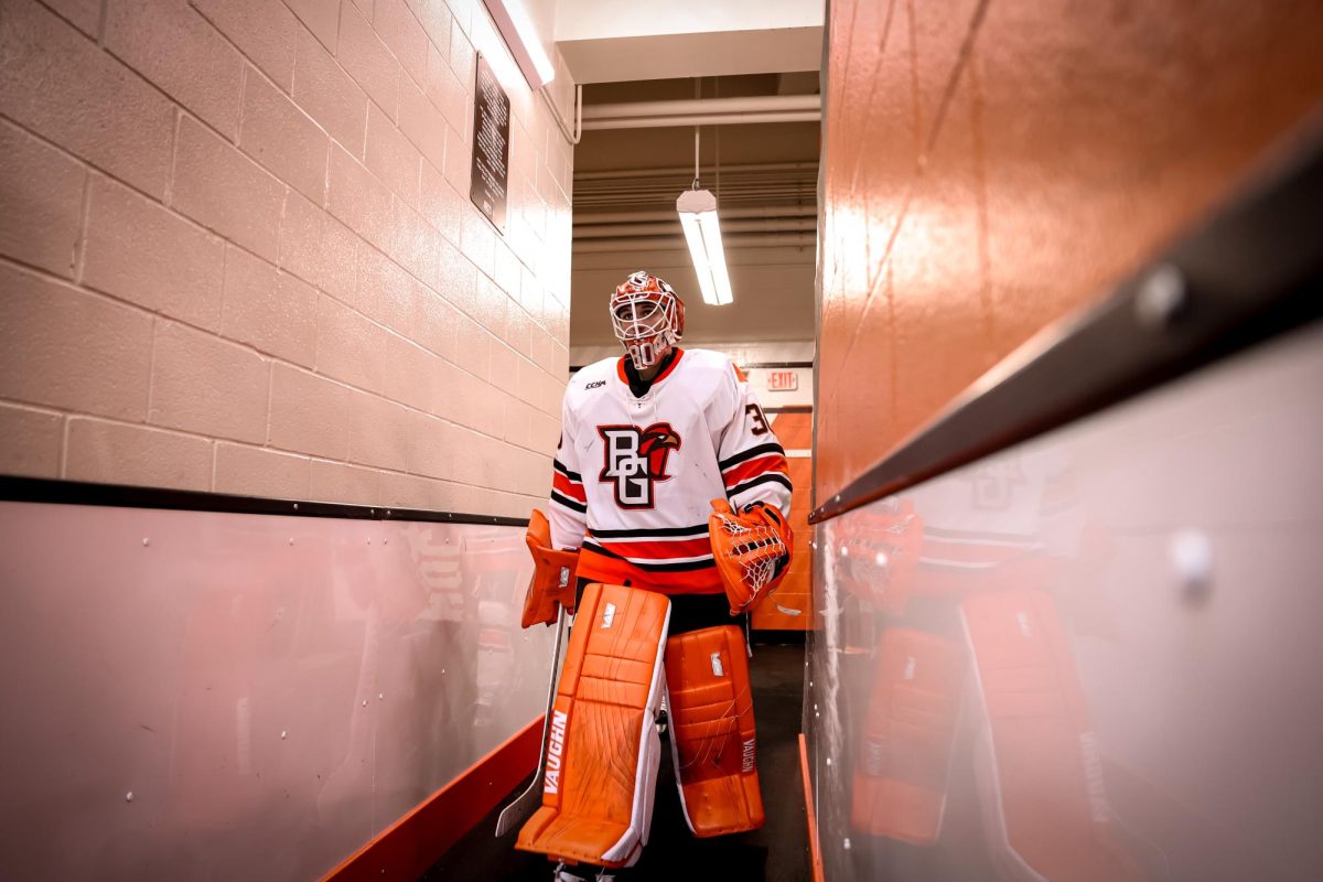 Bowling Green, OH - Falcons senior goaltender Christian Stoever (30) walks out of the locker room onto the ice after an intermission against the Northern Michigan Wildcats at the Slater Family Ice Arena in Bowling Green, Ohio.