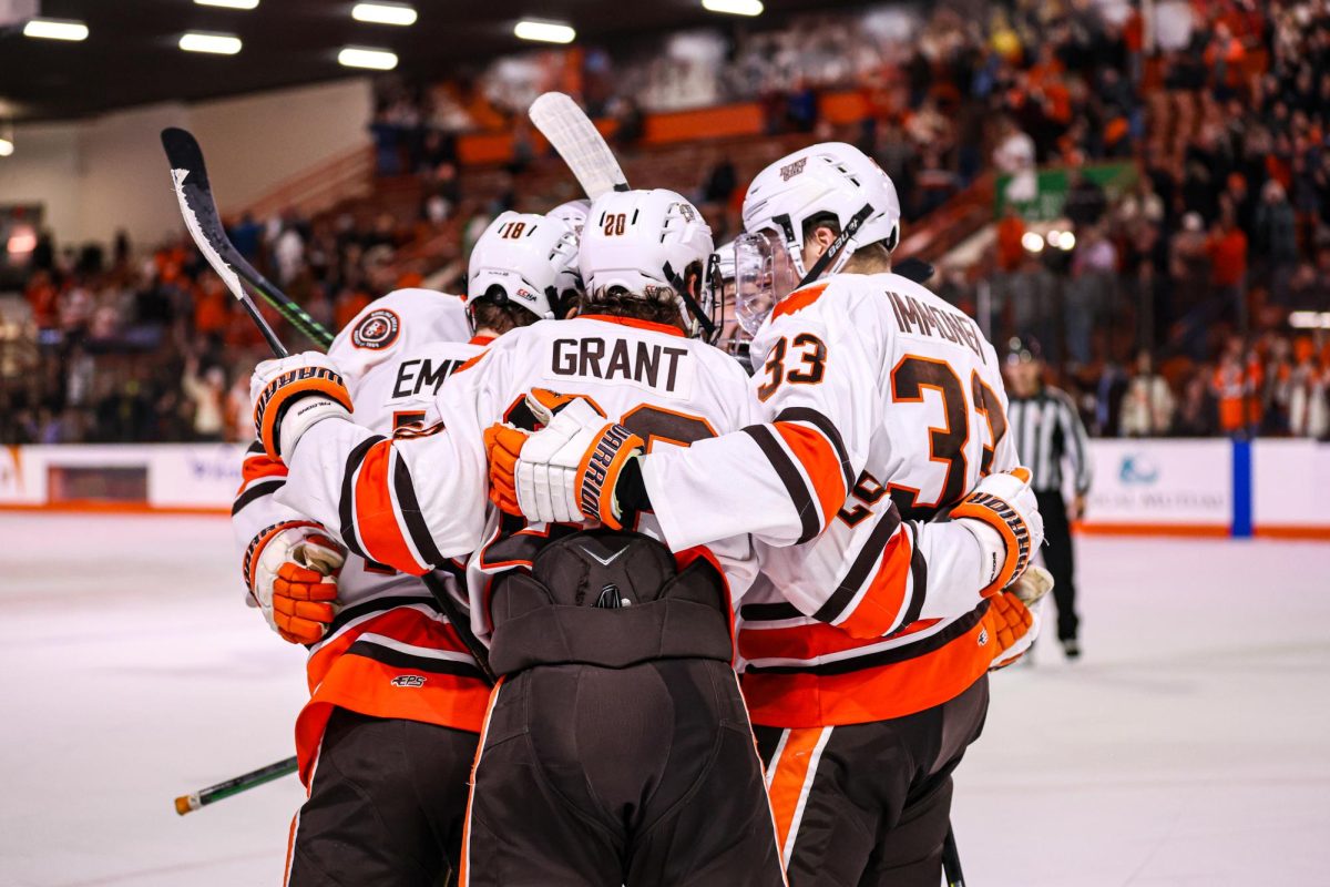 Bowling Green, OH - A flock of Falcons huddle as they celebrate a goal over the Northern Michigan Wildcats at the Slater Family Ice Arena in Bowling Green, Ohio.