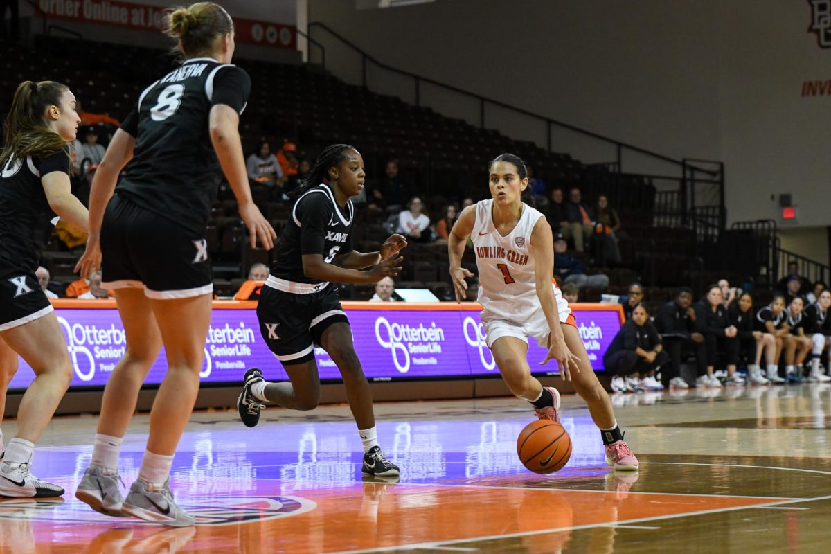 Bowling Green, OH - Falcons senior guard Amy Velasco (1) driving through the paint at the Stroh Center in Bowling Green, Ohio.