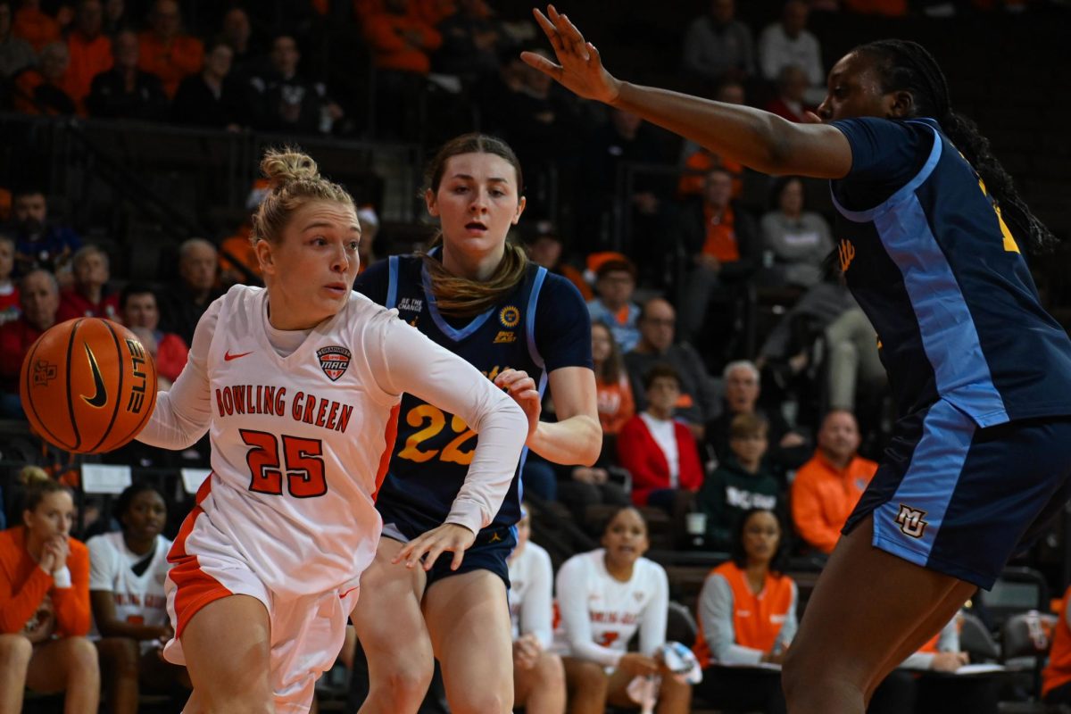 Bowling Green, OH - Falcons fifth year guard Lexi Fleming (25) dribbles to the basket at the Stroh Center in Bowling Green, Ohio.