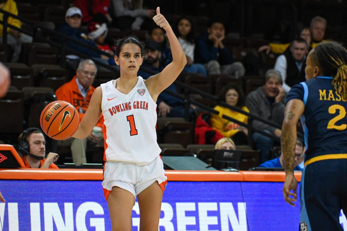 Bowling Green, OH - Falcons senior guard Amy Velasco (1) holds up a play sign at the Stroh Center in Bowling Green, Ohio.