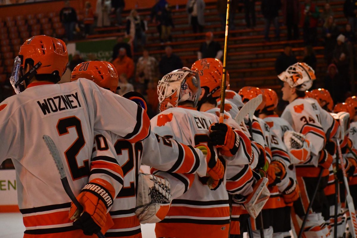 Bowling Green, OH - Falcons lineup at Slater Family Ice Arena in Bowling Green, Ohio.