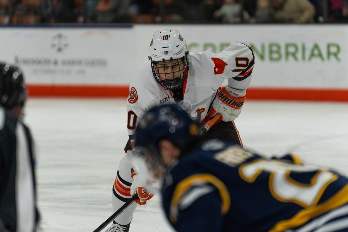 Bowling Green, OH- Falcons freshman forward Adam Zlnka (10) preparing for the face off at the Slater Family Ice Arena in Bowling Green, Ohio.