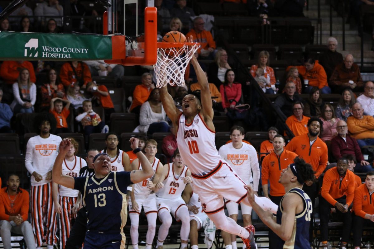 Bowling Green, Ohio- Falcons Senior Guard Derrick Butler (10) dunks the ball to try and get the lead back from the Zips in the final minutes of the game.