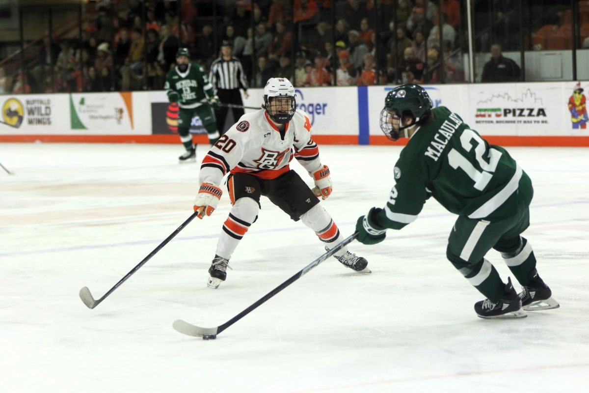 Bowling Green, Ohio- Falcons Senior Forward Ryan O'Hara (20) blocks the Bemidji passing lanes to try and steal the puck.